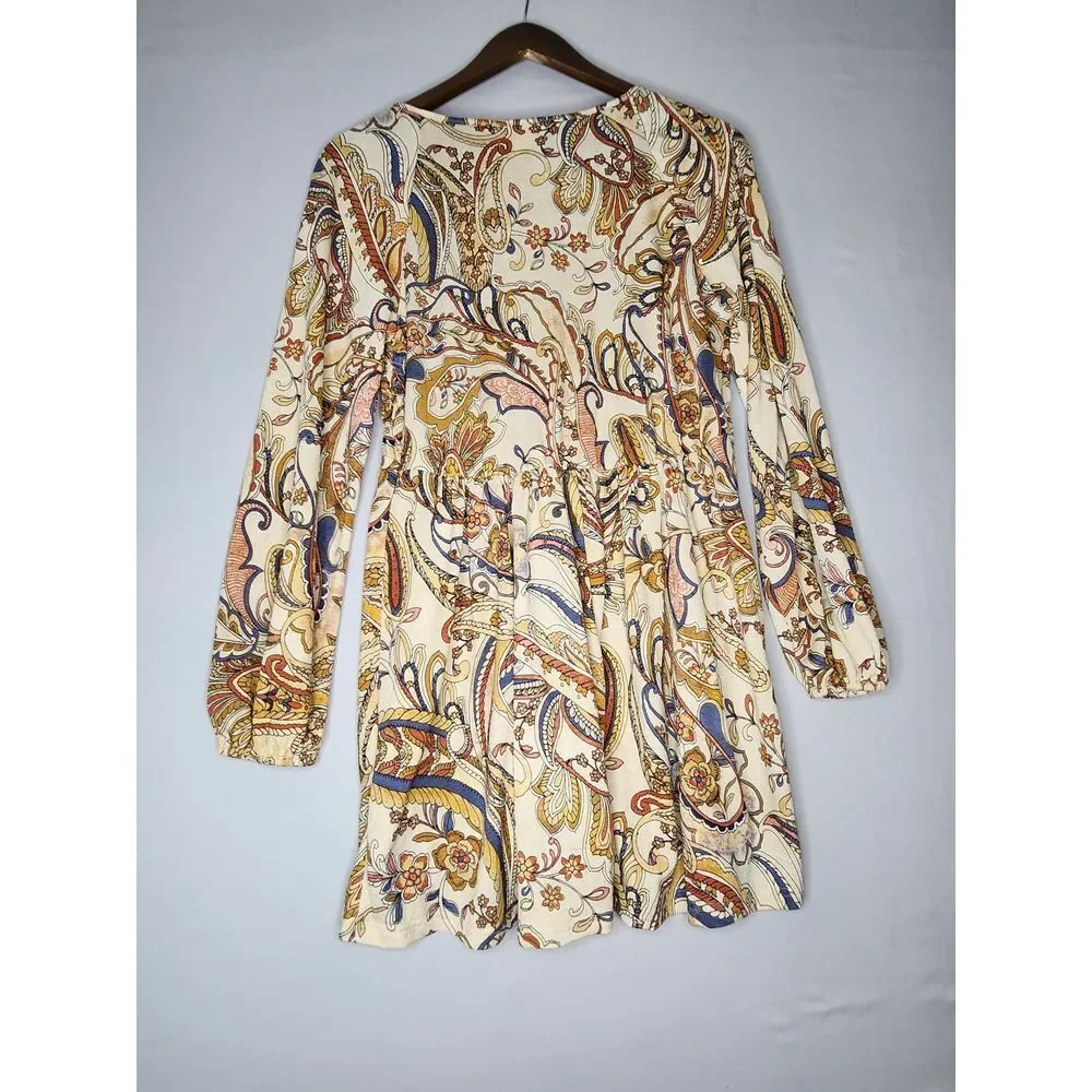 Melloday Anthropologie Mini Dress Paisley Small‎ Boho Style Long sleeve popover